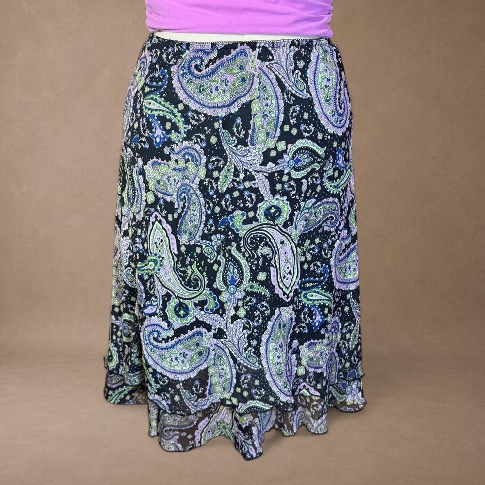 Y2K Paisley Ruffle Skirt Black Green Purple Boho Fairycore Midi Maxi - Picture 4 of 6